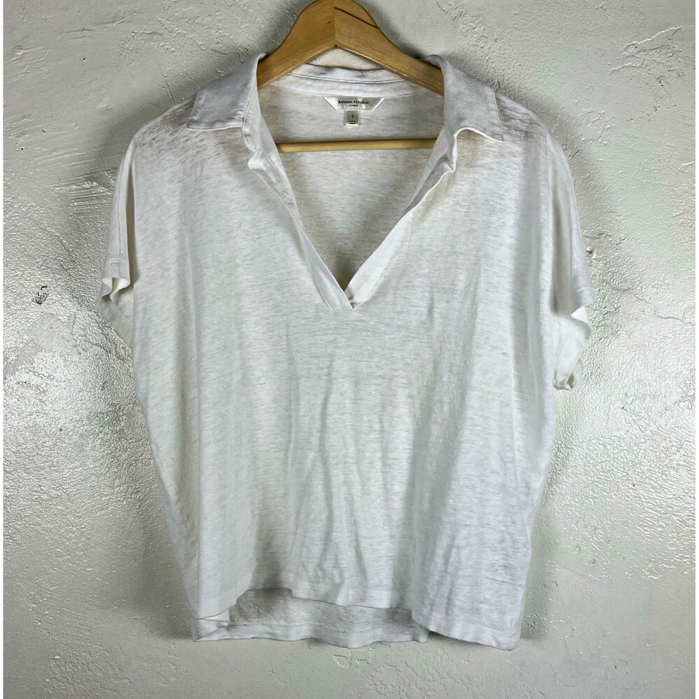 Banana Republic Linen Knit White Solid Collared Polo Top Short Sleeve Women’s S
